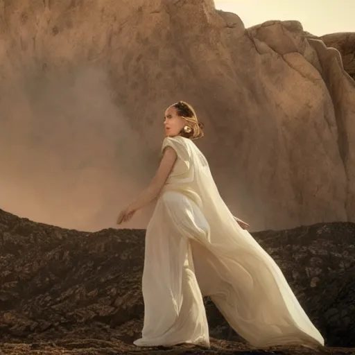 Image similar to The full body shot of beautiful pale woman with white flowers and full-face golden mask in a rocky desert landscape, a giant mirror and smoke around her, volumetric lighting, fire, multiple eyes and dry earth by Denis Villeneuve, Lubezki, Gaspar Noe and Christopher Doyle, anamorphic lens, anamorphic lens flares, kodakchrome, cinematic composition, practical effects, award winning photo, 8k