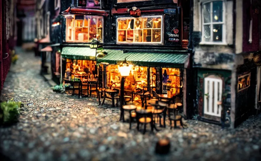 Image similar to miniature cafe nighttime diorama macro photography, cafe for mice, alleyway, ambient, atmospheric, british, bokeh, romantic