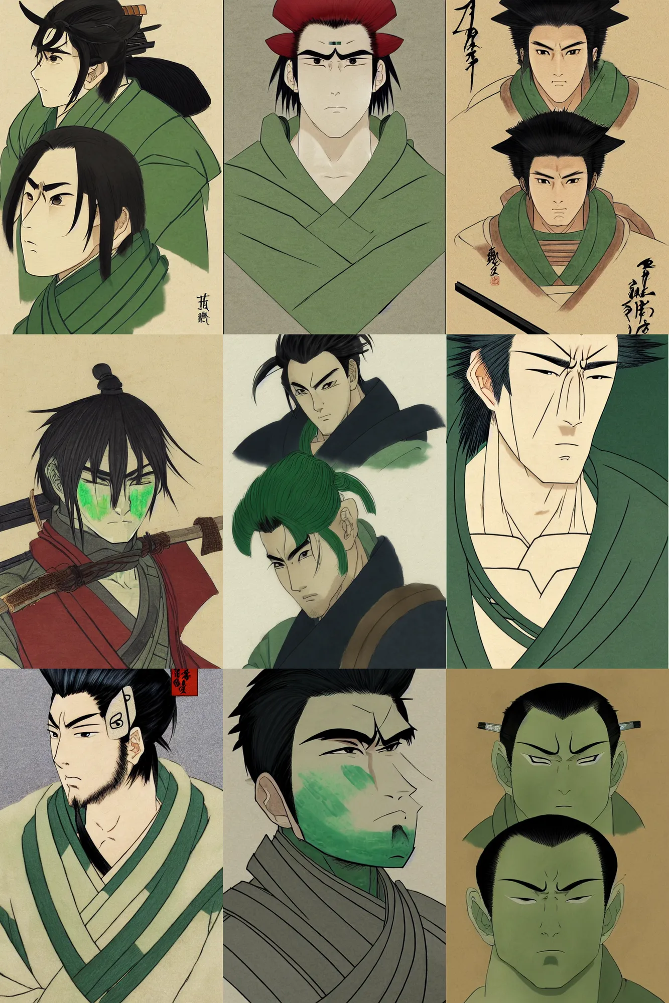 Prompt: face portrait of a handsome and muscular japanese ronin with masculine facial features, short messy hair, and wearing a haori, by arco wada, anime, fate grand order, cel shaded, green color palette, highly detailed shading, sengoku era, feudal japan, digital painting, rule of thirds, trending on artstation, cinematic, vibrant colors