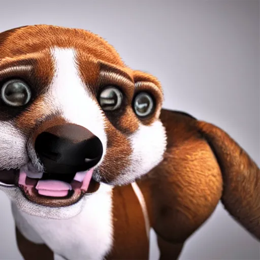 Prompt: crisp quality and light reflections, photorealistic portrait, studio lighting, still photo of a cute dog with human eyes, bright studio setting, highly detailed, unreal engine 5 quality render, uncanny valley