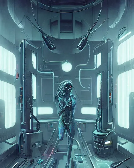 Image similar to neon surgery machine cyberpunk futuristic, in a white room, art by giger, greg rutkowski