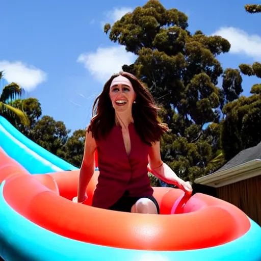 Image similar to 4 k photograph of jacinda ardern riding a waterslide.