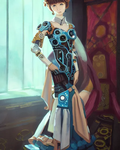 Prompt: scifi pricess of the highlands, wearing a lovely dress with clockwork - like details. this oil painting by the award - winning mangaka has an interesting color scheme and impeccable lighting.