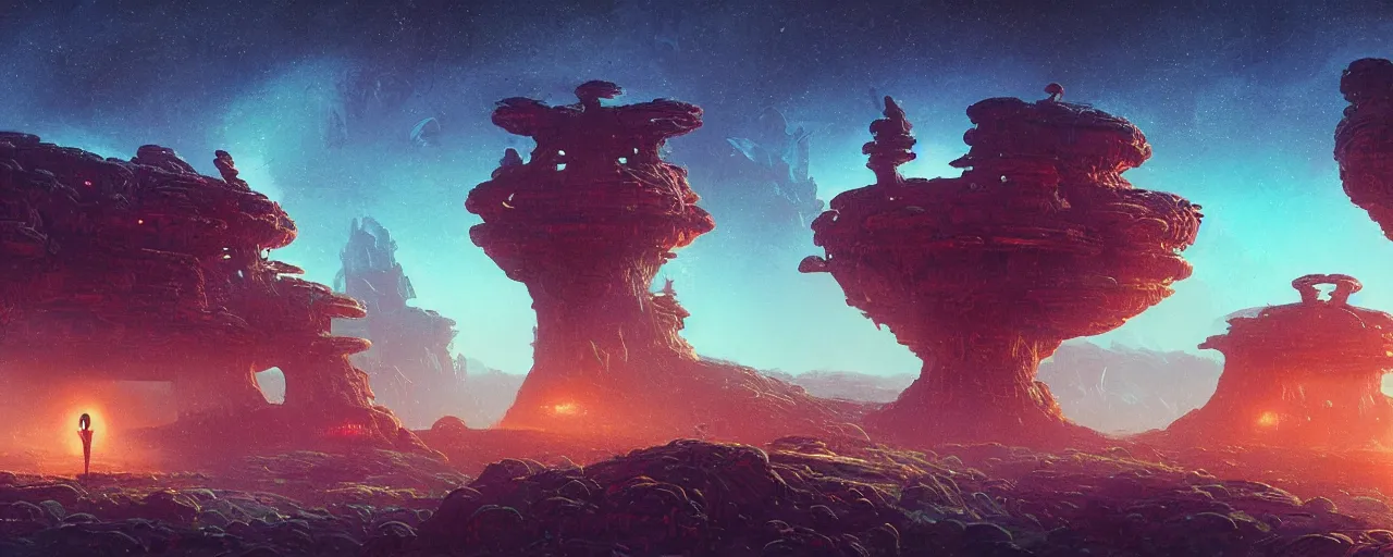 Prompt: ” mysterious and whimsical alien landscape, [ inviting, cinematic, detailed, epic, widescreen, opening, establishing, mattepainting, photorealistic, realistic textures, octane render, art by slop and paul lehr ] ”