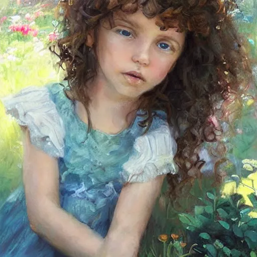 Image similar to a little girl with short curly light brown hair and blue eyes sitting in a lovely garden. beautiful painting by raymond swanland and magali villanueve, beautiful detailed face.