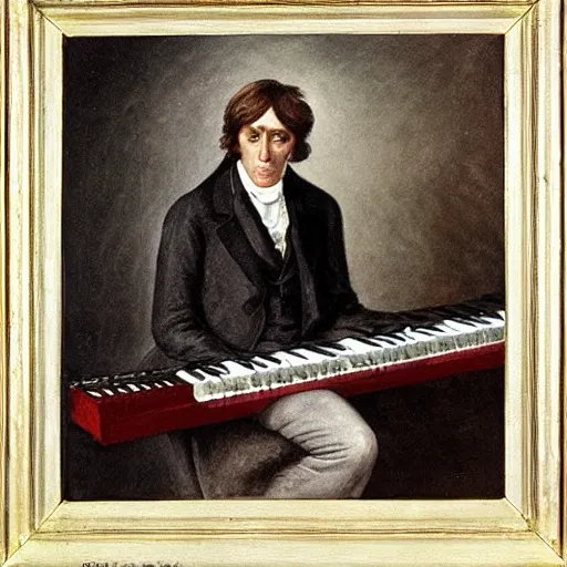 Image similar to Frederick Chopin on a stage playing a keytar, photorealistic painting