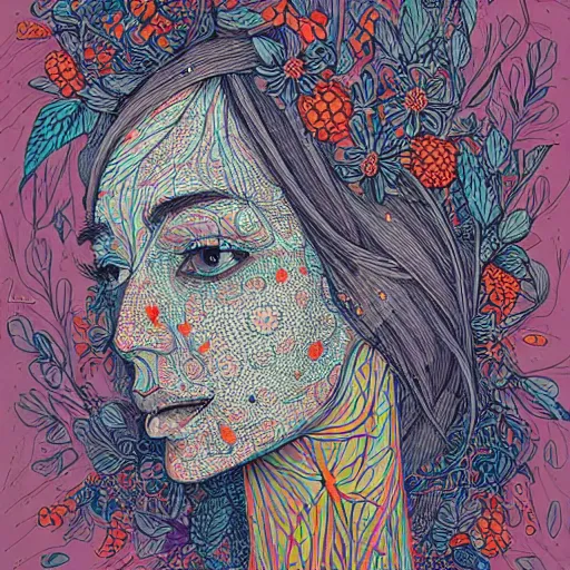 Image similar to a beautiful head of a woman made of carrots and blueberries, an ultrafine detailed illustration by james jean, intricate linework, bright colors, behance contest winner, vanitas, angular, altermodern, unreal engine 5 highly rendered, global illumination, radiant light, detailed and intricate environment