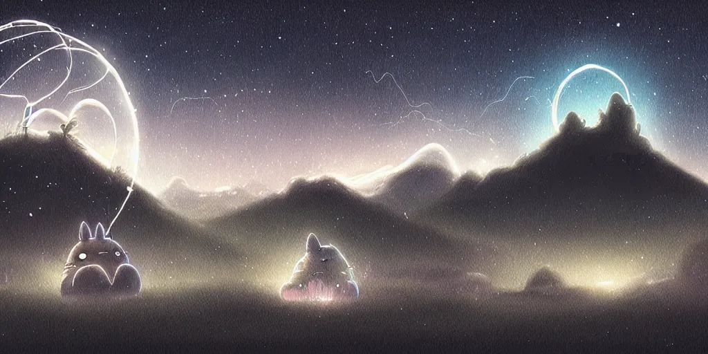 Image similar to glowing wireframe totoro, mountain landscape, night sky, digital art, digital painting, celestial