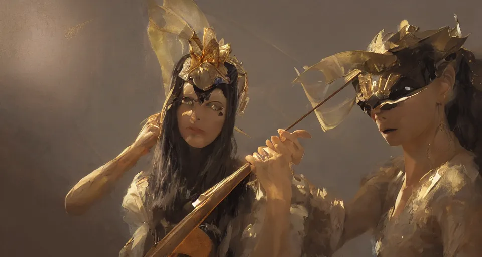 Image similar to craig mullins and ghibli digital art of masked female violinist, exotic costumes, gold jewelry, black hair, theater, large audience, solo on stage unreal engine, hyper realism, realistic shading, cinematic composition, realistic render, octane render, detailed textures, photorealistic, wide shot