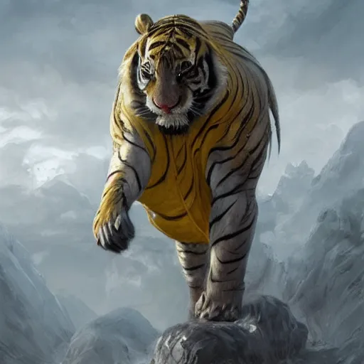 Image similar to a beautfiul award winning aesthetic commission of an antrho albino tiger wearing a yellow-black padded hooded puffer jacket,digital art,art by greg rutkowski,character design by charles bowater,ross tran,photorealistic,detailed face,hyperdetailed,western comic,2021,artstation,deviantart,unreal engine 5