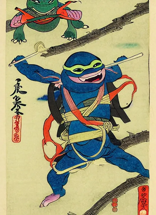 Prompt: a ninja turtle as a yokai illustrated by kawanabe kyosai and toriyama sekien