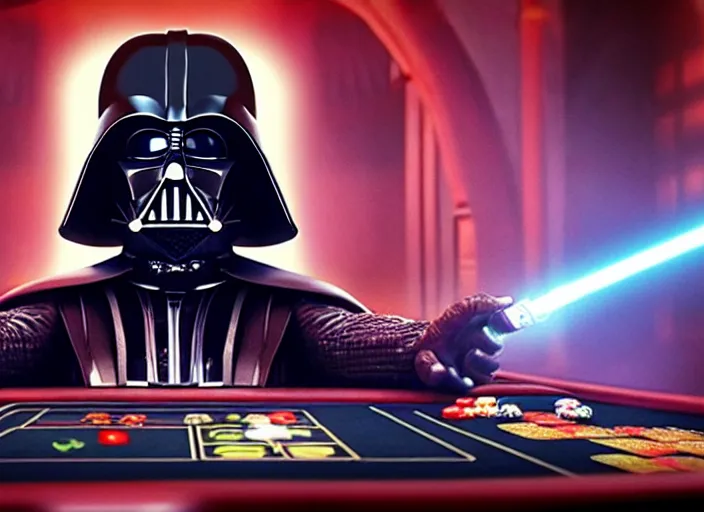 Image similar to film still of Darth Vader gambling in Vegas in the new Star Wars movie, 4k