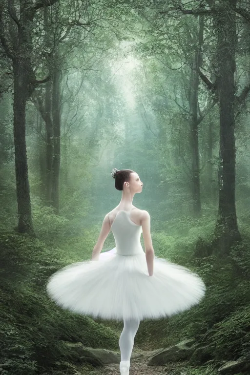 Image similar to a beautiful prima ballerina in white dress in a forest, inspired by thomas eakes & greg rutkowski & xiang duan, perfect symmetry, magic realism, post - processing, extremely hyper - detailed, intricate, soft - lighting, lifelike attributes, masterpiece, pastel'