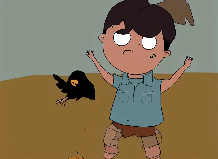 Image similar to cartoon still, a small boy with dark hair, wearing farm clothes, he has a small crow on his shoulder, artstation, inspired by adventure time, by padleton ward