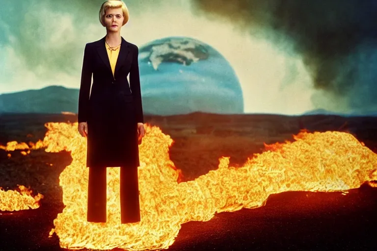 Image similar to a moody photograph of a confident caucasian woman in her 6 0's with short blonde hair wearing a tailored yellow suit standing against a backdrop of the planet earth engulfed in flames. photograph by annie leibowitz, cinematic lighting, sci fi, futuristic