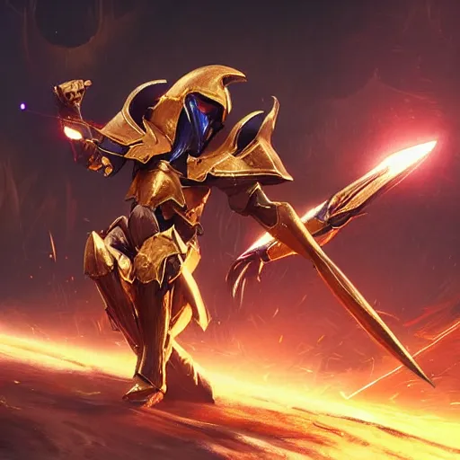 Image similar to “ gold armor azir fan art fantasy armor cinematic shot dynamic pose red glowing lines deviant art art station 4 k octane render bloom effect war frame fanart destiny 2 fanart ”