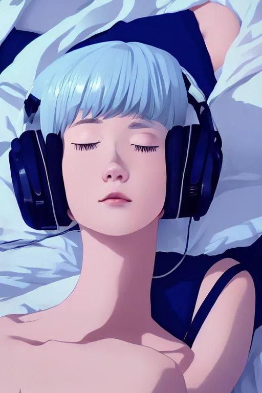 Prompt: a cute young woman lying on a bed while listening to music with her eyes closed and wearing headphones by Ilya Kuvshinov and Range Murata, white bob cut hair, blue filter, blue and white, soft lighting, atmospheric, cinematic, moody, digital painting, 8k