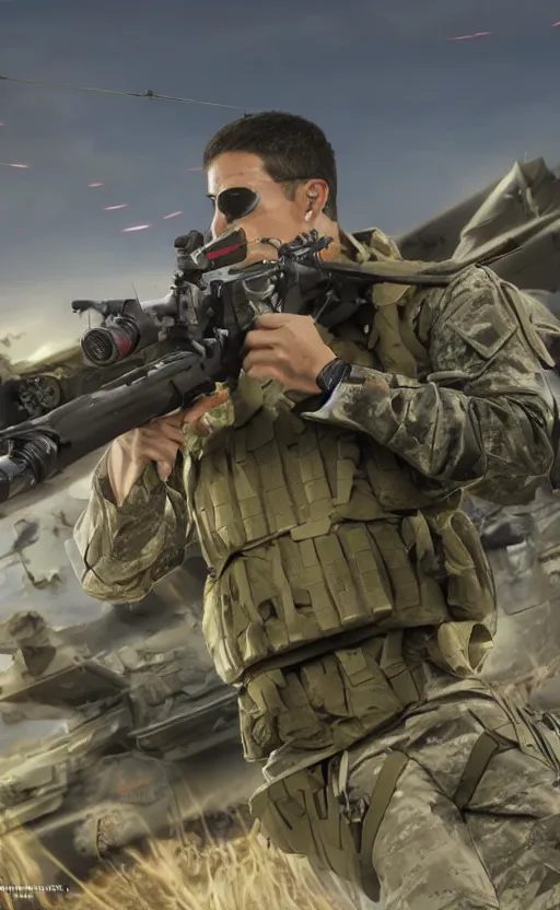Prompt: sniper shot, trading card front, future soldier clothing, future combat gear, realistic anatomy, war photo, professional, by ufotable anime studio, green screen, volumetric lights, stunning, military camp in the background, metal hard surfaces, generate realistic face, strafing attack plane, pretty eyes