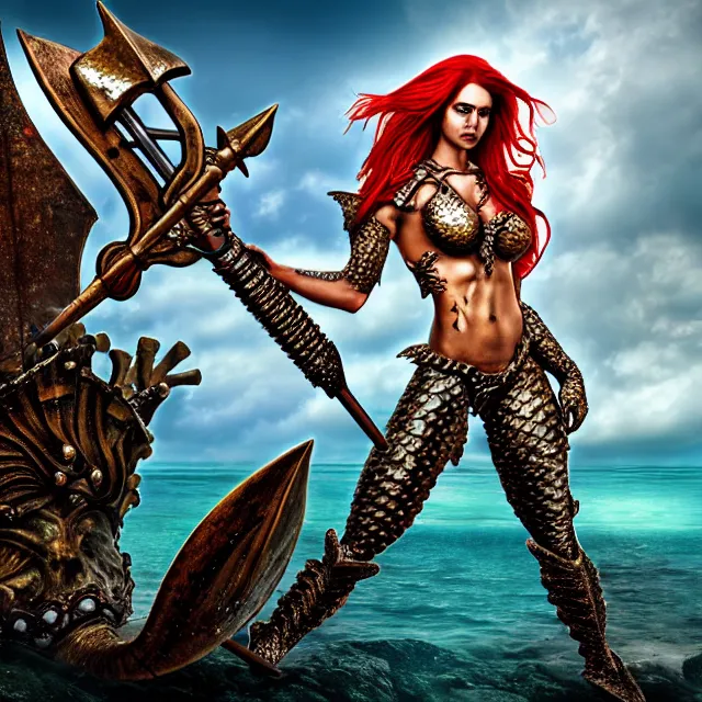 Image similar to armoured mermaid warrior with trident 4 k, hdr, smooth, sharp focus, high resolution, award - winning photo, anne stokes, photorealistic