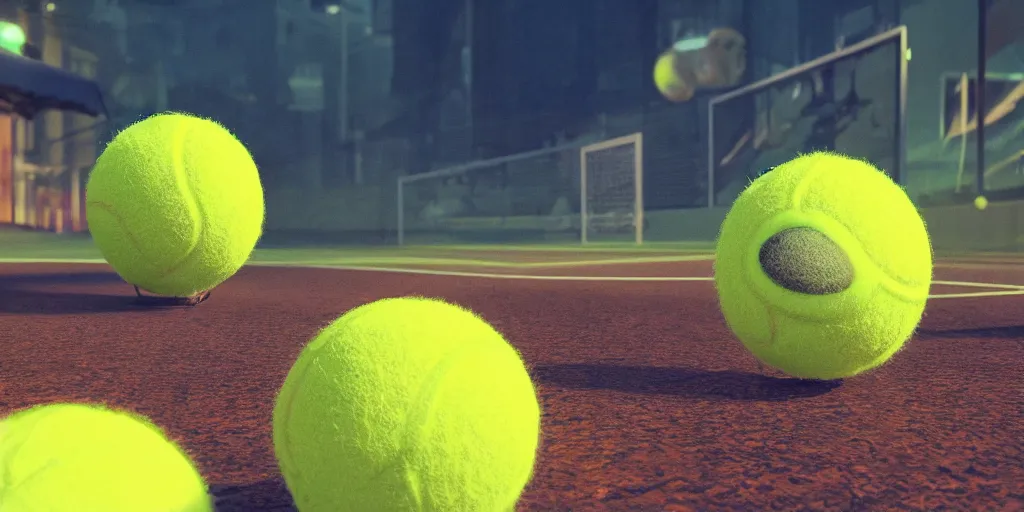 Image similar to a photo of 8 k ultra realistic tennis ball monster, tennis ball monsters, exotic, cinematic lighting, trending on artstation, 4 k, hyperrealistic, focused, high details, unreal engine 5, cinematic, ancient atmosphere in background, 3 d render by basil gogos and beeple