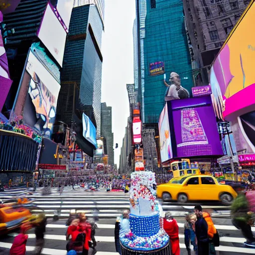 Image similar to 5 0 ft high birthday cake in the middle of times square, canon eos r 3, iso 2 0 0, 1 / 1 6 0 s, 8 k, raw, unedited, symmetrical balance, in - frame