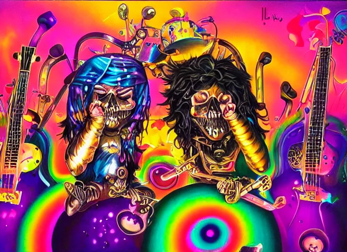 Image similar to a metal band holds a concert in the shadow dimension, an ultrafine detailed painting by lisa frank, trending on deviantart, pop surrealism, whimsical, lowbrow, colorful