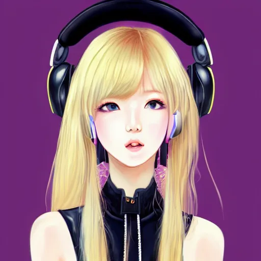 Image similar to realistic beautiful gorgeous natural cute Blackpink Lalisa Manoban blonde hair cute fur blonde cat ears, wearing camisole, wearing headphones, wearing black leather choker artwork drawn full HD 4K highest quality in artstyle by professional artists WLOP, Taejune Kim, Guweiz on Artstation Pixiv