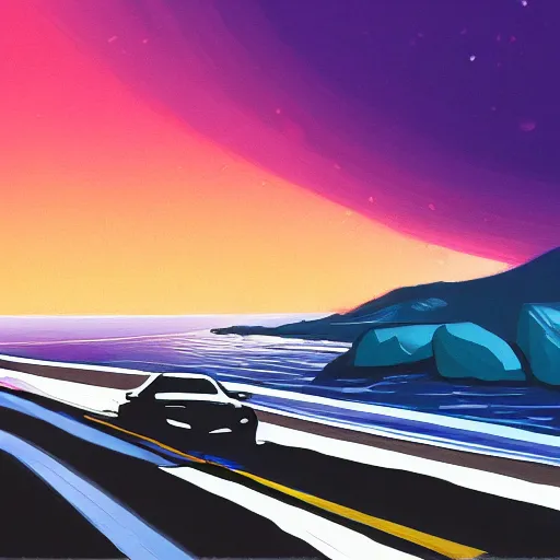 Prompt: detailed painting of a car driving along the pacific coast highway, midnight, synthwave, concept art