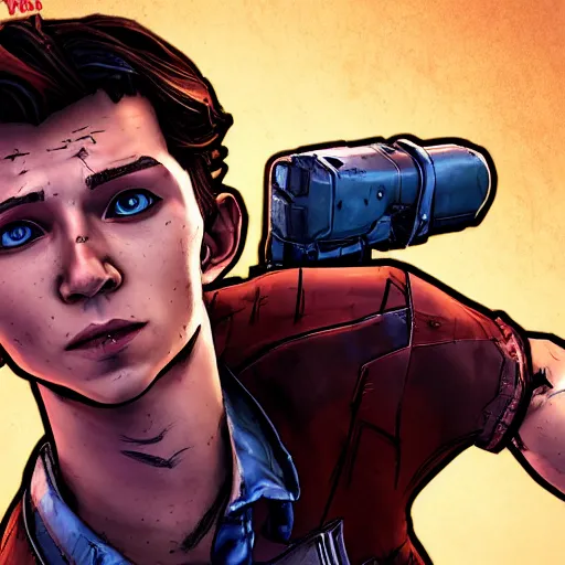 Image similar to tom holland portrait, borderlands, tales from the borderlands, the wolf among us, comic, cinematic lighting, studio quality, 8 k