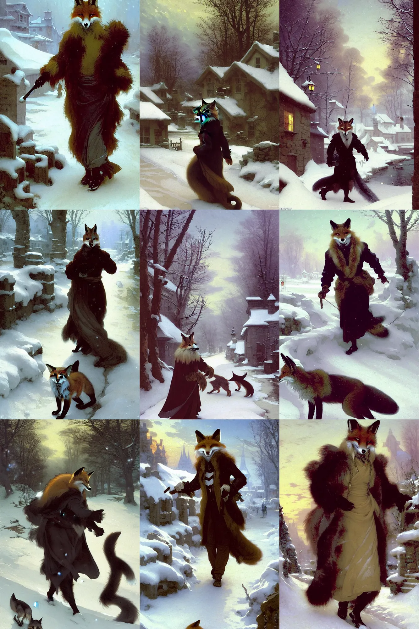 Prompt: an anthropomorphic fox man wearing a long fur coat in a snowy village, his long tail dragging behind him, character illustration by greg rutkowski, thomas kinkade, Franz Xaver Winterhalter, William-Adolphe Bouguereau, Howard Pyle, El Greco