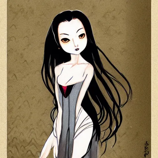 Cartoon illustration of a sad vampire girl with long black hair