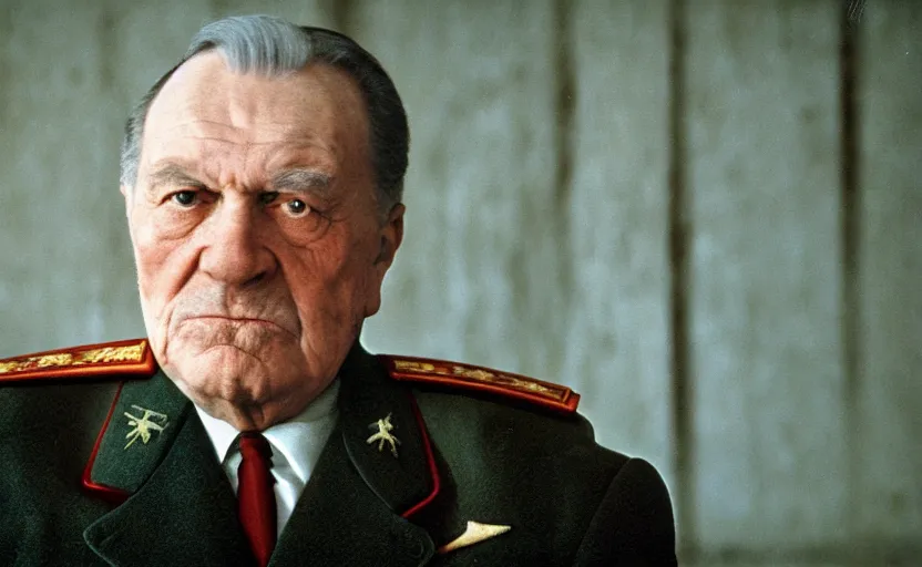 Prompt: 50s movie still close-up portrait of an elder soviet general in a empty stalinist hall, by David Bailey, Cinestill 800t 50mm eastmancolor, heavy grainy picture, very detailed, high quality, 4k, HD criterion, precise texture and facial expression