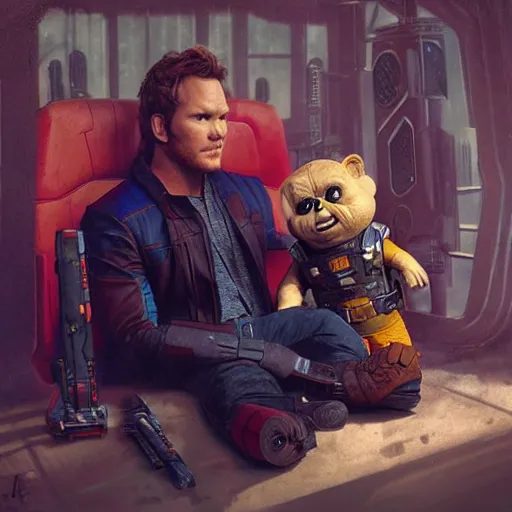 Image similar to the actor chris pratt as star lord sitting beside the doll chucky, disney land as backdrop, oil painting, by greg rutkowski