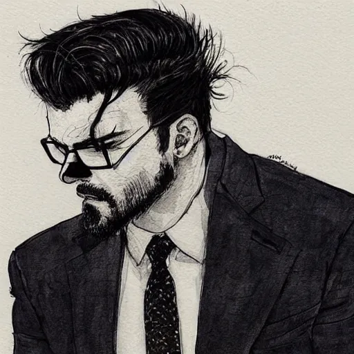 Prompt: handsome and brutal man in suit portrait by kaethe butcher and moebius