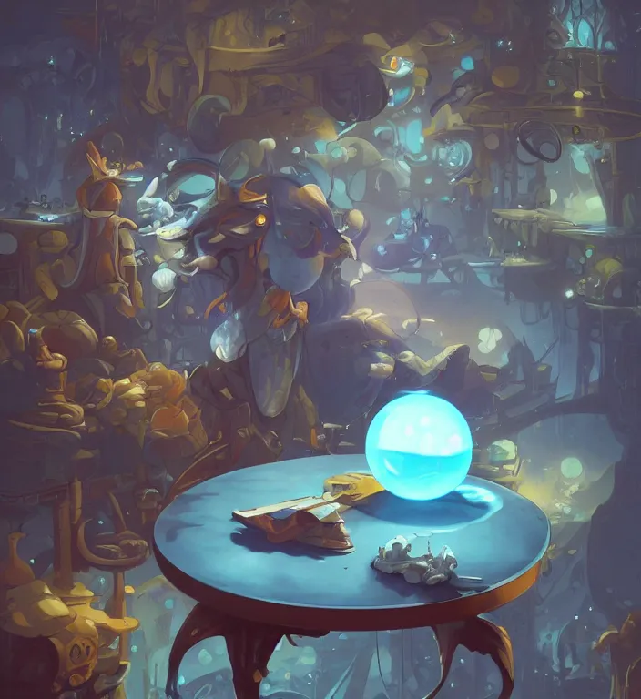 Prompt: a blue ball on a table, digital artwork by Peter Mohrbacher and Dan Mumford and Wlop