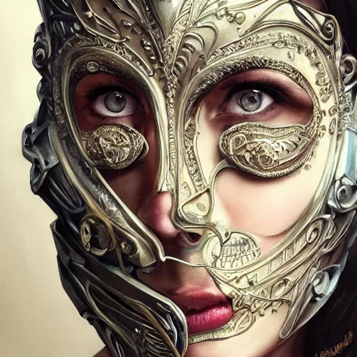 Image similar to Very very very very highly detailed epic photo of face with venetian mask, intricate, dystopian, sci-fi, extremely detailed, digital painting, artstation, concept art, smooth, sharp focus, illustration, intimidating lighting, incredible art by Artgerm and Anton Pieck