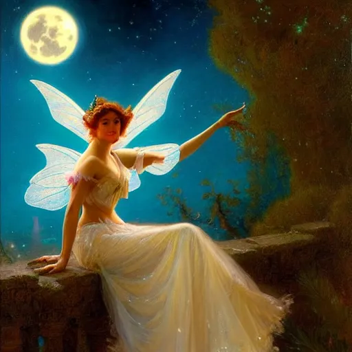 Image similar to attractive fairy magically floating high in the night, fantasy, full moon in background. highly detailed painting by gaston bussiere, craig mullins, j. c. leyendecker, sharp focus, 8 k