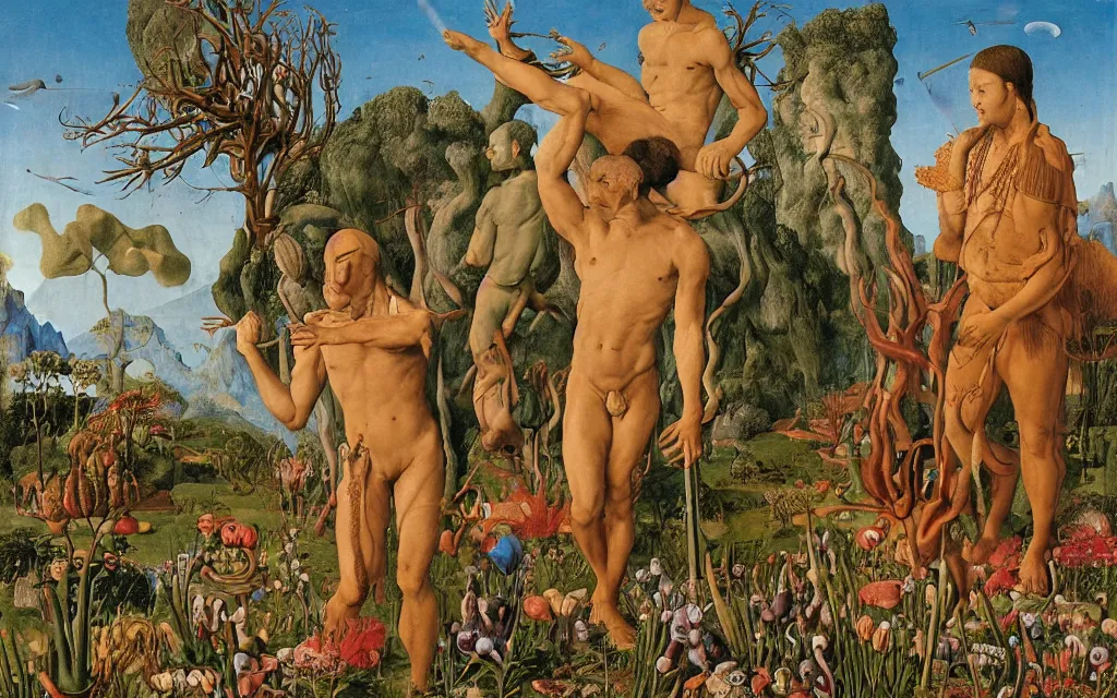 Image similar to a portrait photograph of a meditating satyr and a centaur monk riding a rocket machine and hunting at a river delta. surrounded by bulbous flowers and trees. mountain range under a blue sky of fiery stars. by jan van eyck, max ernst, ernst haeckel, ernst fuchs and artgerm, cgsociety, fashion editorial, 8 k