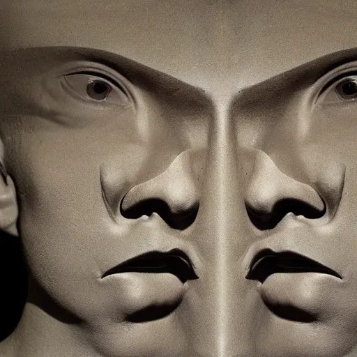 Image similar to surrealism sculpture by enrico ferrarini, multiple faces of the double shadow, meaning ferocious and split.