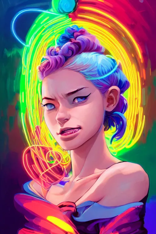 Image similar to a award winning portrait of a beautiful woman with stunning eyes in a one off shoulder croptop and cargo pants with rainbow colored hair, outlined by whirling illuminated neon lines and fine lines swirling in circles by jesper ejsing and rhads and makoto and shinkai and lois van baarle, digital art, trending on artstation