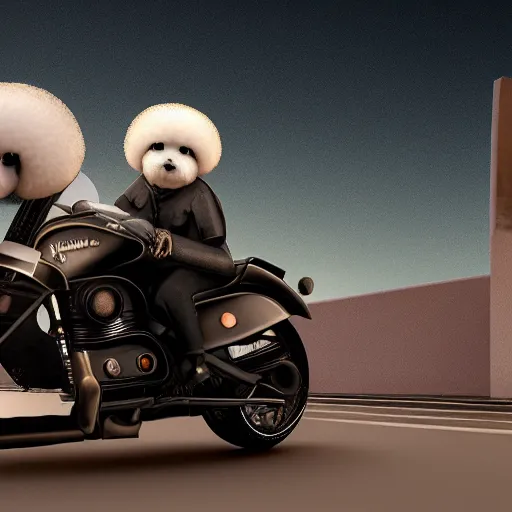 Image similar to a photorealistic image of bichon frise riding a black motorcycle in Hollywood at sundown. This 4K HD image is Trending on Artstation, featured on Behance, well-rendered, extra crisp, features intricate detail and the style of Unreal Engine.