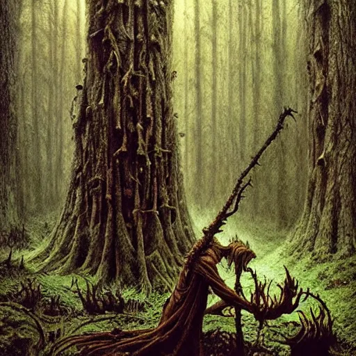 Image similar to a shaman in an ominous forest, staff, cinematic lighting, at night, highly detailed, symmetric, concept art, masterpiece, fantasy art, hyperdetailed, hyperrealism, saturated colors, art by zdzistaw beksinski, arthur rackham, dariusz zawadzki, larry elmore