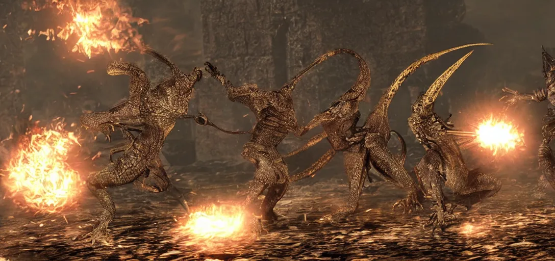 Prompt: lizards in dark souls armor battling a boss