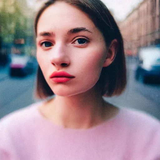 Prompt: analog close up frontal face portrait photography of a beautiful woman in london. 5 0 mm lens. kodak portra 8 0 0 film photography. pastel lighting soft colors. popular on instagram. depth of field. detailed. hq. filmic. dreamy. lens flare