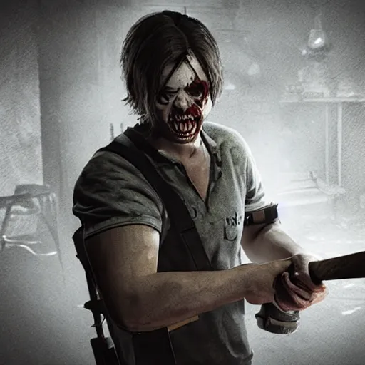 Image similar to jack baker from resident evil 7 ( 2 0 1 7 ) wielding axe, slasher smile, cinematic lighting, eerie atmosphere, re engine render, photorealistic face