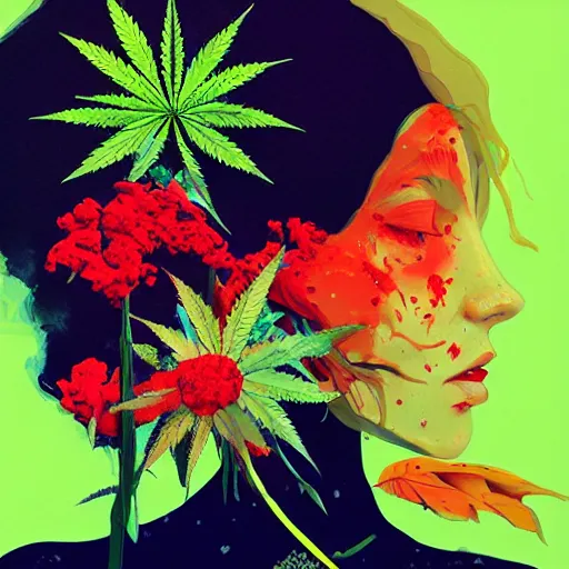 Image similar to surreal gouache painting by conrad roset, cannabis flowers growing out, portrait, cgsociety, artstation