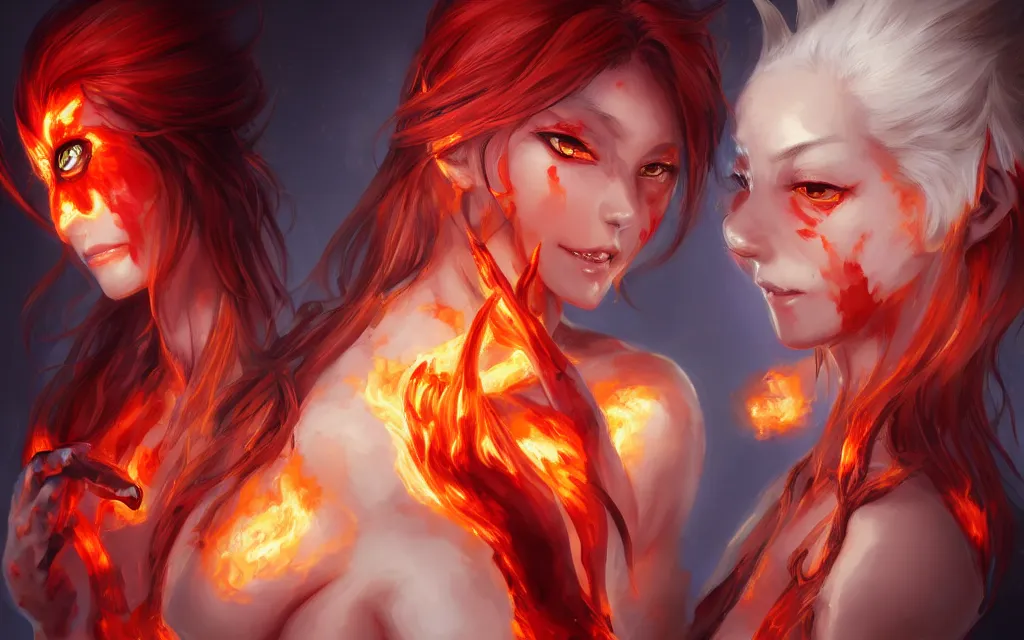 Image similar to A realistic anime portrait of a beautiful fire spirit twins with glowing red eyes and firey skin wearing clothes made of flames, digital painting, by Stanley Artgerm Lau, Sakimichan, WLOP and Rossdraws, digtial painting, trending on ArtStation, SFW version