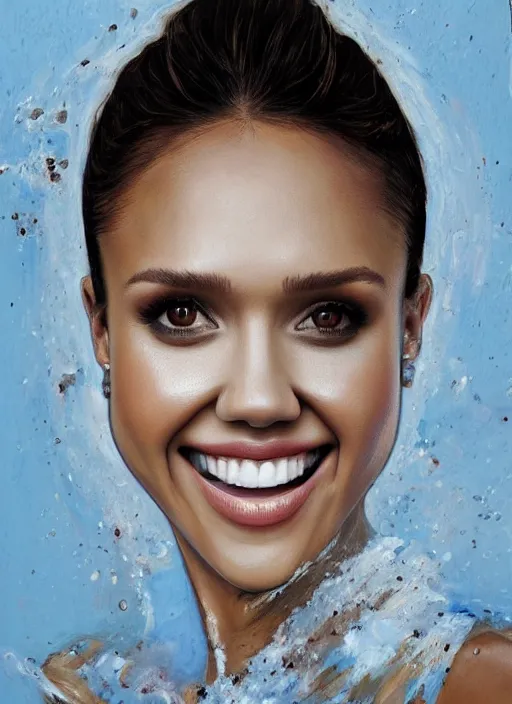 Image similar to portrait painting of jessica alba, toothpaste on concrete, extremely detailed