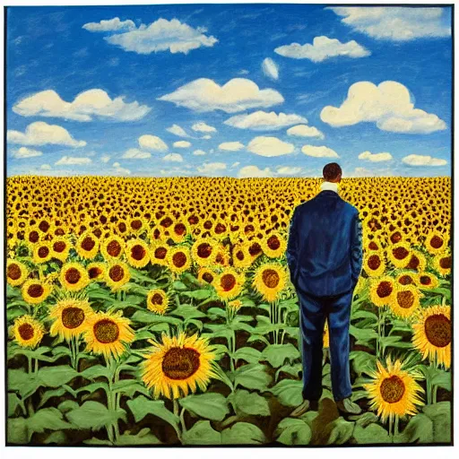 Image similar to a painting of a man standing in a field of sunflowers, an album cover by mac conner, trending on deviantart, harlem renaissance, official art, masterpiece, art