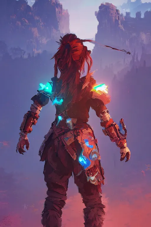 Image similar to combination suit armor aloy horizon forbidden west horizon zero dawn radiating a glowing aura global illumination ray tracing hdr fanart arstation by ian pesty and alena aenami artworks in 4 k tribal robot ninja mask helmet backpack